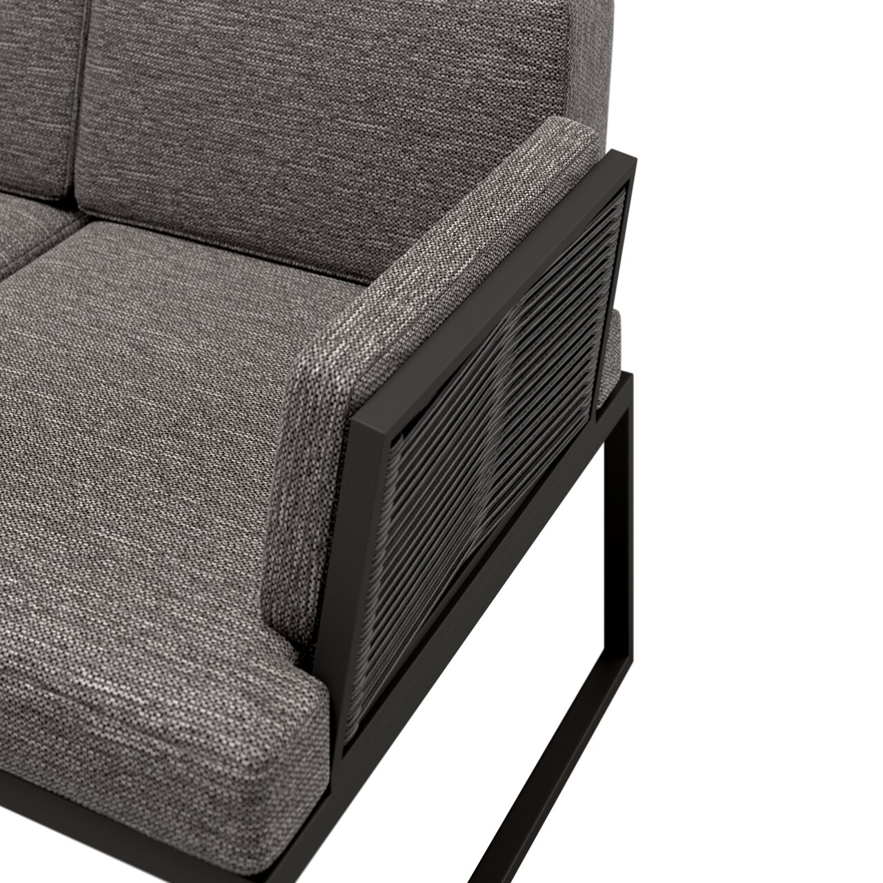 Detailansicht einer grauen Loungegarnitur mit Metallrahmen und gepolsterten Kissen, seitliche Perspektive.