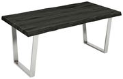 Tischplatte aus dunklem Holz mit natürlicher Kante und modernen Metallbeinen, seitliche Perspektive
