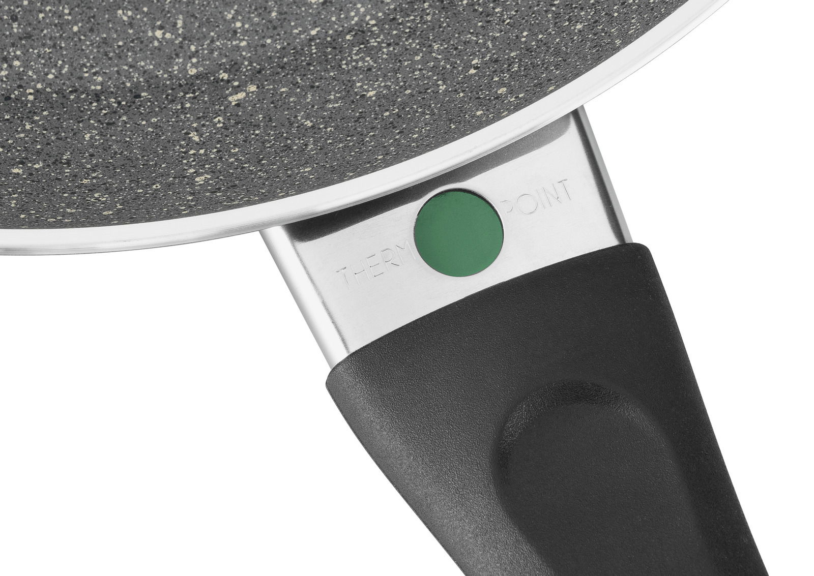 Nahaufnahme einer BALLARINI Bratpfanne BOLOGNA GRANITIUM CERAMIC mit Thermopoint-Anzeige am Griff.