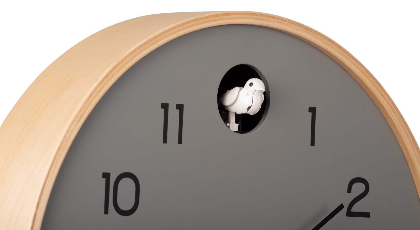 Nahaufnahme einer modernen Wanduhr mit grauem Zifferblatt und hellem Holzrahmen. Ein kleiner weißer Kuckucksvogel ist in einem runden Fenster über der Zahl 12 sichtbar.