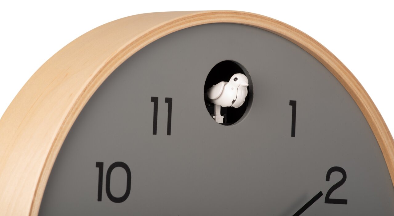 Nahaufnahme einer modernen Wanduhr mit grauem Zifferblatt und hellem Holzrahmen. Ein kleiner weißer Kuckucksvogel ist in einem runden Fenster über der Zahl 12 sichtbar.