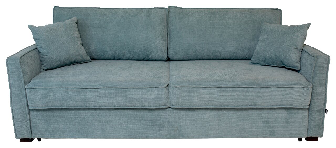 Blaues Funktionssofa mit zwei Kissen, Frontalansicht