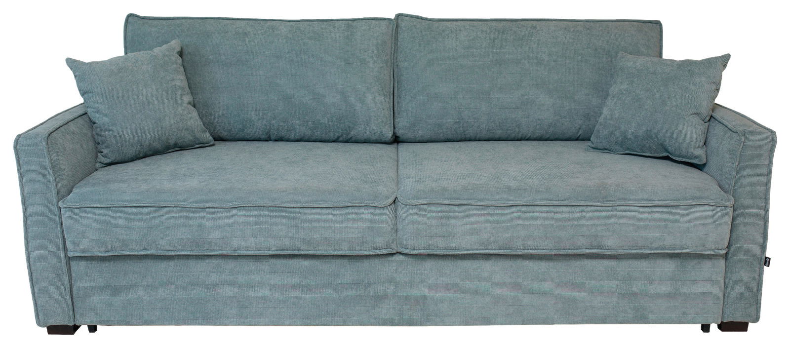 Blaues Funktionssofa mit zwei Kissen, Frontalansicht