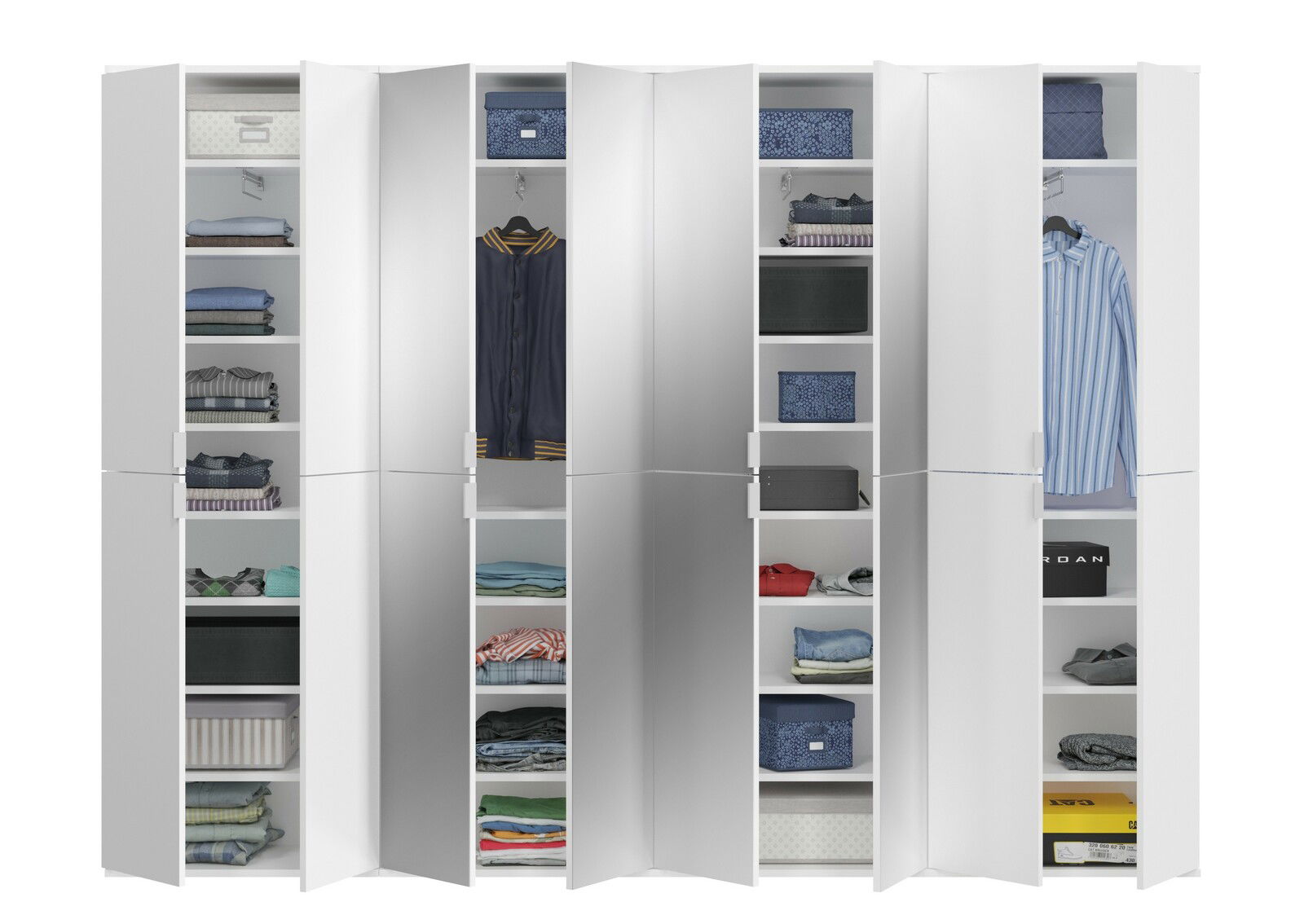 Garderobenkombination mit mehreren offenen Türen, die verschiedene Fächer mit Kleidung und Aufbewahrungsboxen zeigen, frontale Perspektive.