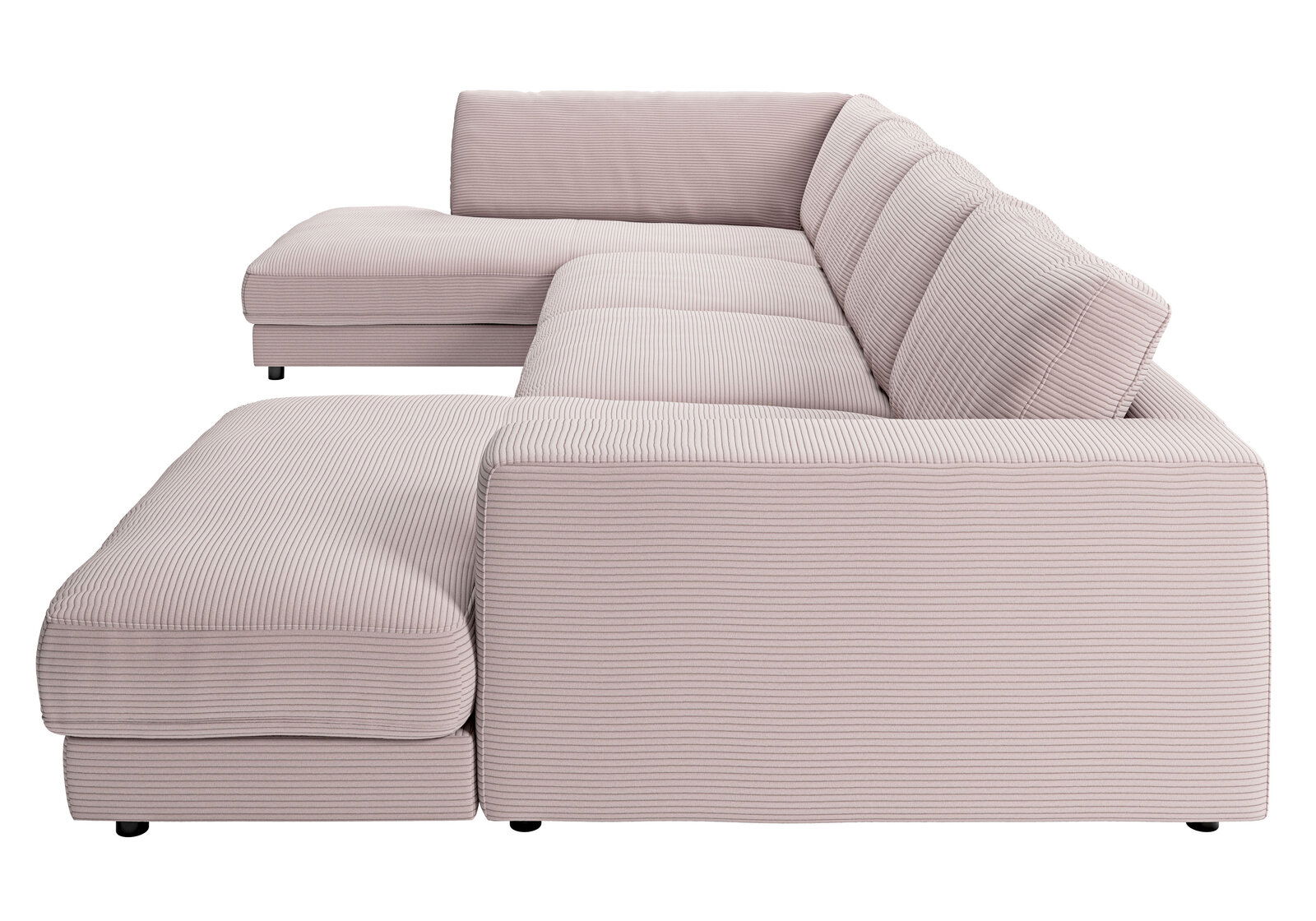 Polsterrundecke in Seitenansicht, mit hellgrauem Stoffbezug und feiner Streifenstruktur