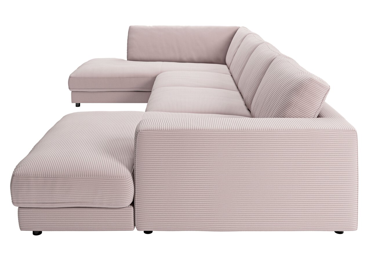 Pure Home Lifestyle Ecksofa PURE 979 Polsterrundecke in Seitenansicht, mit hellgrauem Stoffbezug und feiner Streifenstruktur