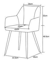 Technische Maßskizze eines gepolsterten Armlehnstuhls in schräger Vorderansicht mit eingezeichneten Abmessungen (u. a. Rückenbreite 34 cm, Rückenhöhe 32 cm, Sitzfläche 42/43 cm, Gesamthöhe 49,5 cm, Standfläche 44,5 x 48 cm).