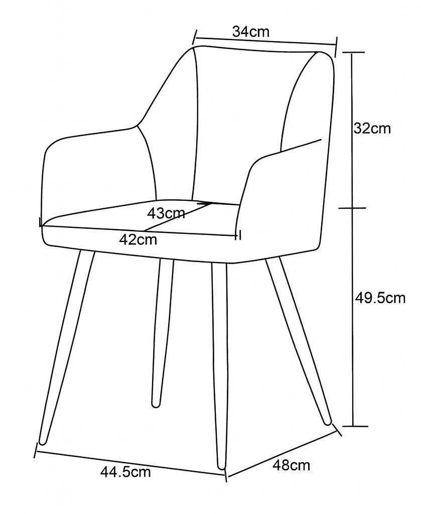 Technische Maßskizze eines gepolsterten Armlehnstuhls in schräger Vorderansicht mit eingezeichneten Abmessungen (u. a. Rückenbreite 34 cm, Rückenhöhe 32 cm, Sitzfläche 42/43 cm, Gesamthöhe 49,5 cm, Standfläche 44,5 x 48 cm).