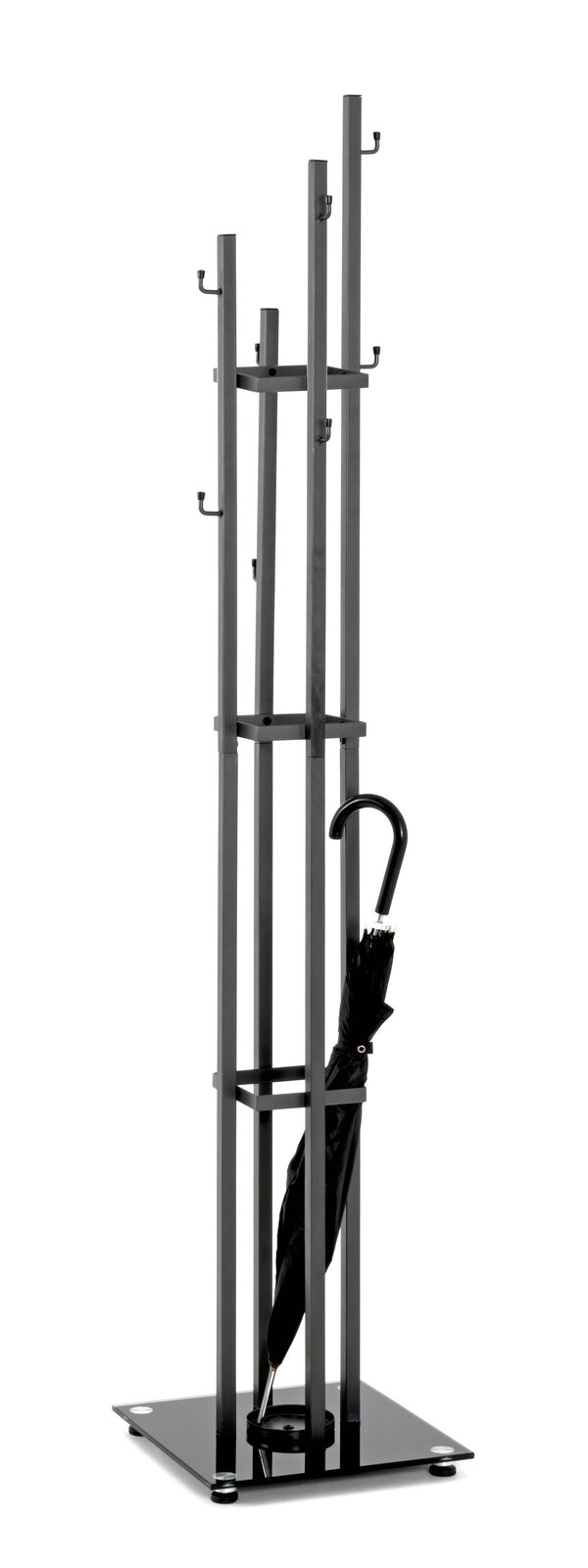 Moderner Garderobenständer aus Metall mit mehreren Haken und integriertem Schirmständer, seitliche Perspektive.