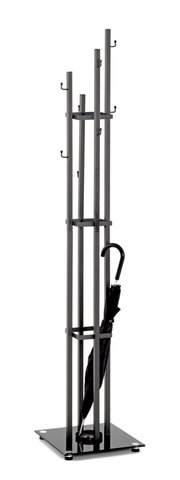 Moderner Garderobenständer aus Metall mit mehreren Haken und integriertem Schirmständer, seitliche Perspektive.