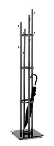 Moderner Garderobenständer aus Metall mit mehreren Haken und integriertem Schirmständer, seitliche Perspektive.