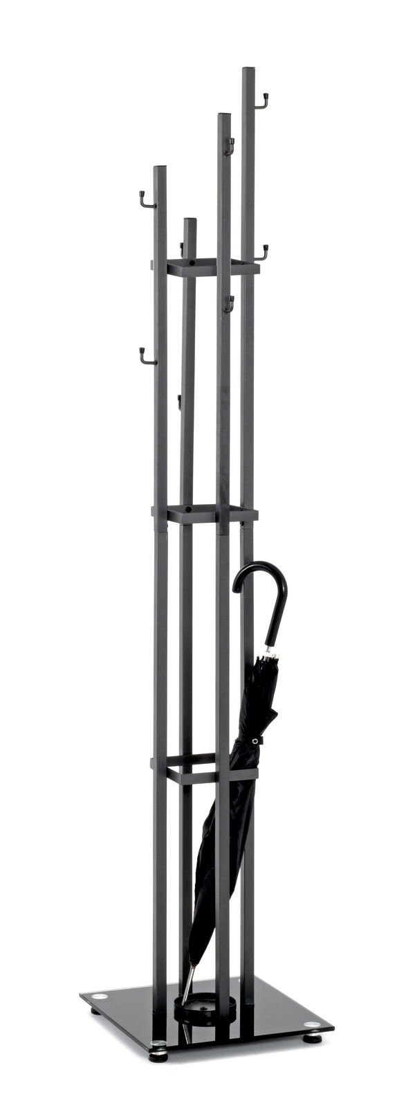 Moderner Garderobenständer aus Metall mit mehreren Haken und integriertem Schirmständer, seitliche Perspektive.