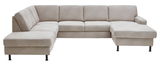 Beige Polsterrundecke in L-Form, frontal fotografiert