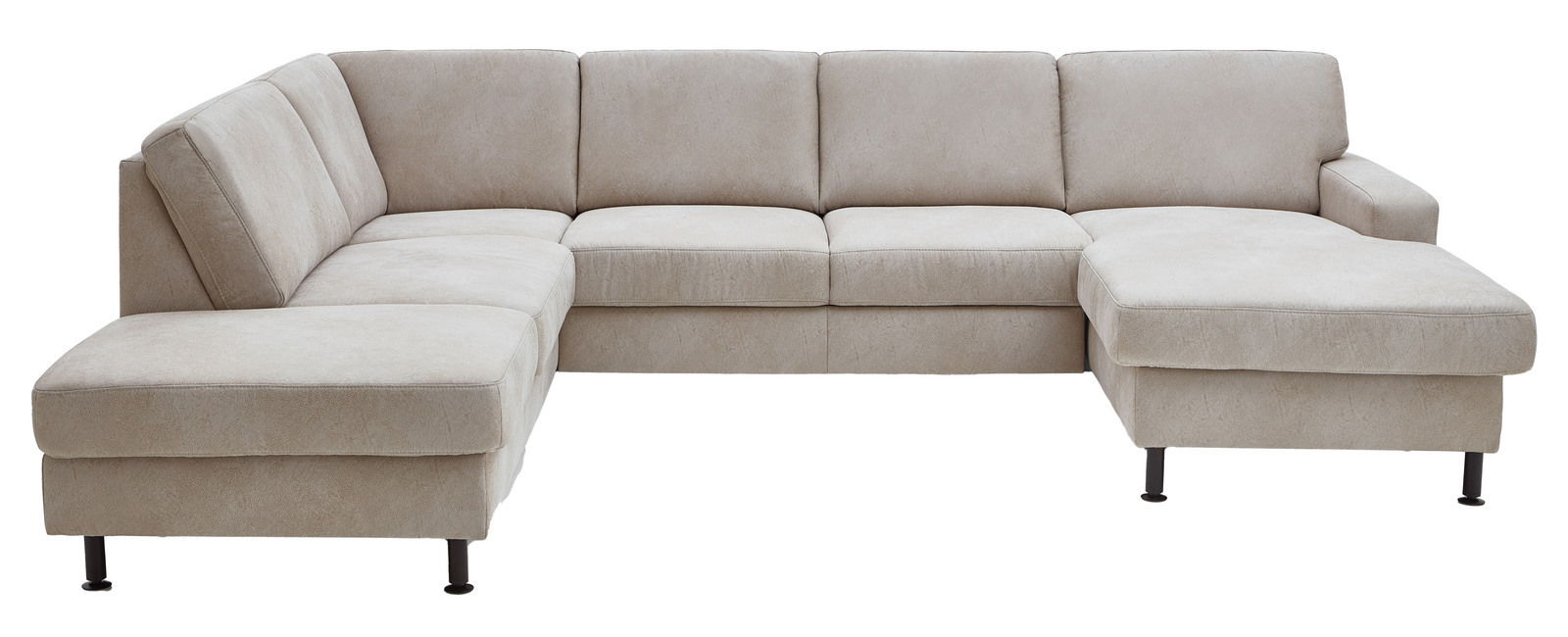 Beige Polsterrundecke in L-Form, frontal fotografiert