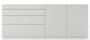 Frontansicht einer modernen, weißen Sideboardkombination mit drei Schubladen und zwei Türen.