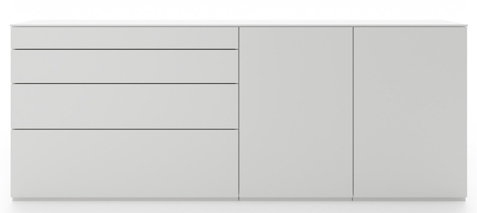 Frontansicht einer modernen, weißen Sideboardkombination mit drei Schubladen und zwei Türen.