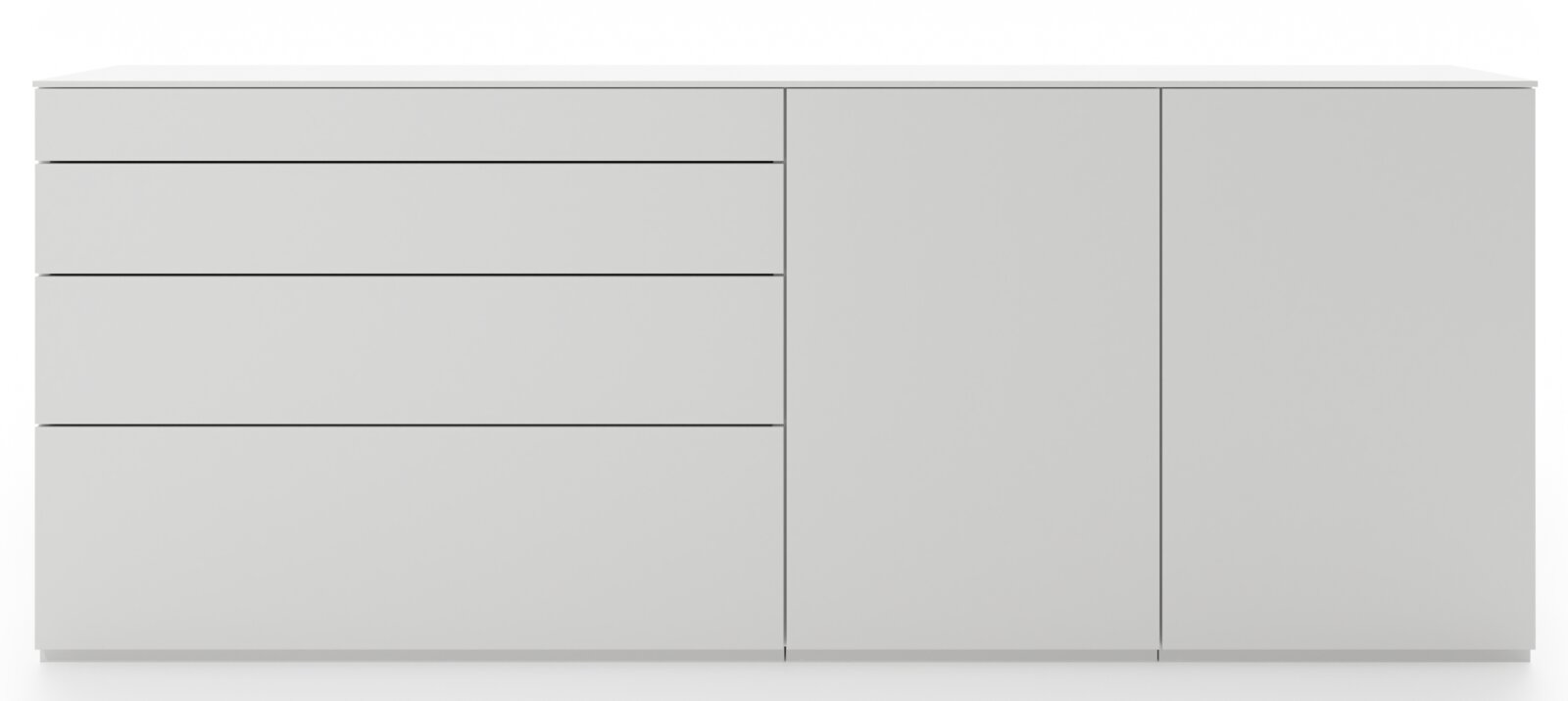 Frontansicht einer modernen, weißen Sideboardkombination mit drei Schubladen und zwei Türen.