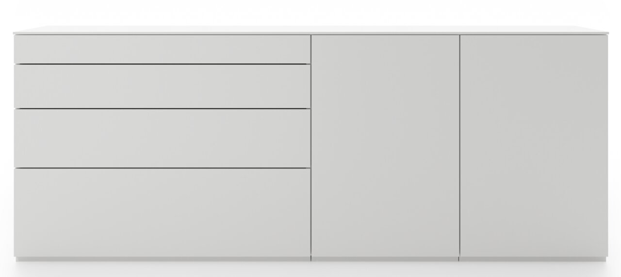 Frontansicht einer modernen, weißen Sideboardkombination mit drei Schubladen und zwei Türen.