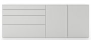 Frontansicht einer modernen, weißen Sideboardkombination mit drei Schubladen und zwei Türen.