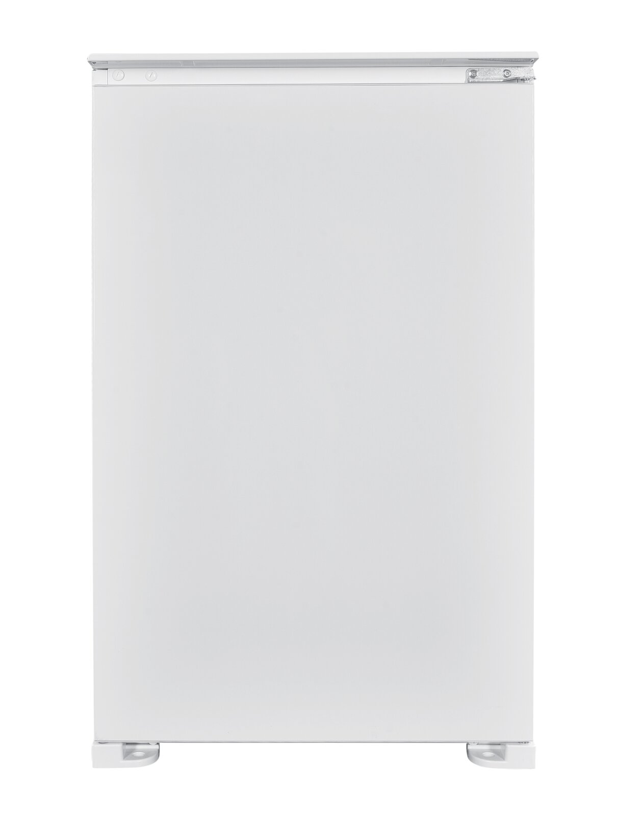 Weiße, schlichte Gerätefront eines kompakten Kühlschranks/Gefrierschranks ohne sichtbaren Griff, Produktfoto in Frontalansicht auf weißem Hintergrund.