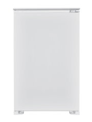 Weiße, schlichte Gerätefront eines kompakten Kühlschranks/Gefrierschranks ohne sichtbaren Griff, Produktfoto in Frontalansicht auf weißem Hintergrund.