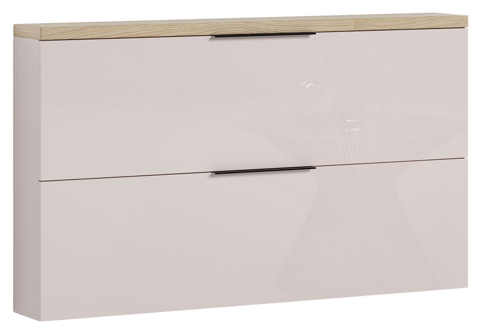 Moderner Hängeschuhschrank mit zwei Klappen in Hochglanzoptik und Holzoberfläche, Frontalansicht