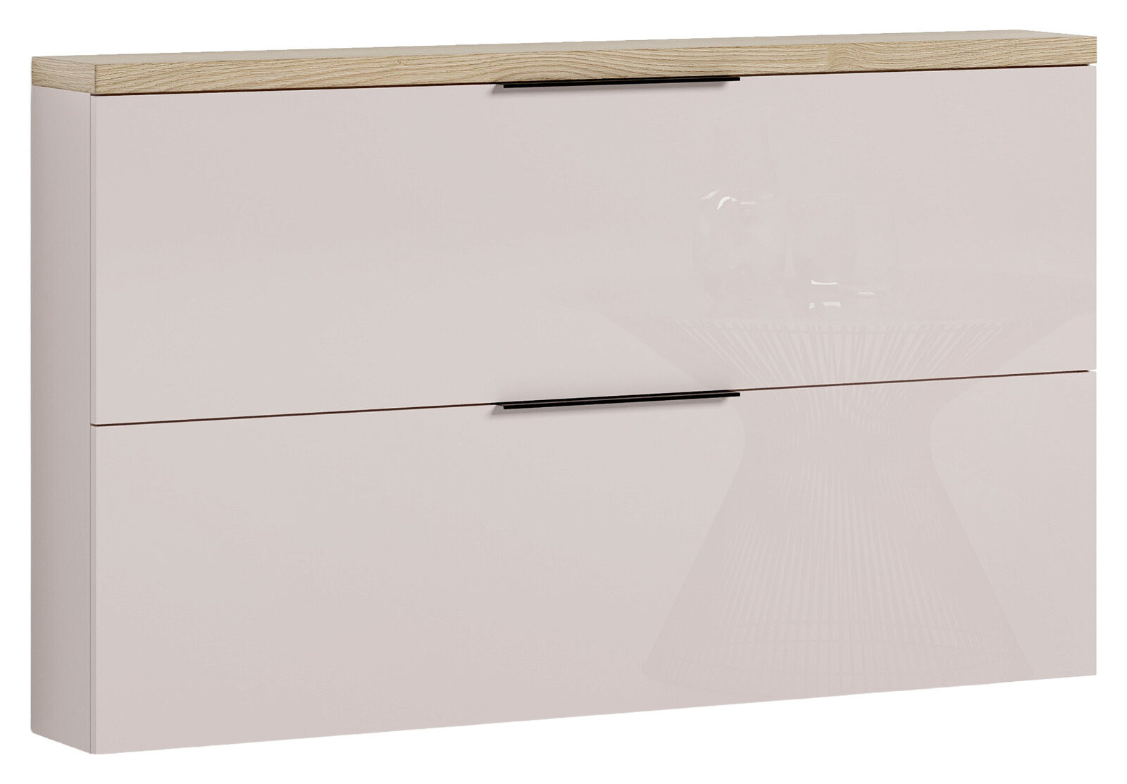 Moderner Hängeschuhschrank mit zwei Klappen in Hochglanzoptik und Holzoberfläche, Frontalansicht