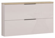 Moderner Hängeschuhschrank mit zwei Klappen in Hochglanzoptik und Holzoberfläche, Frontalansicht