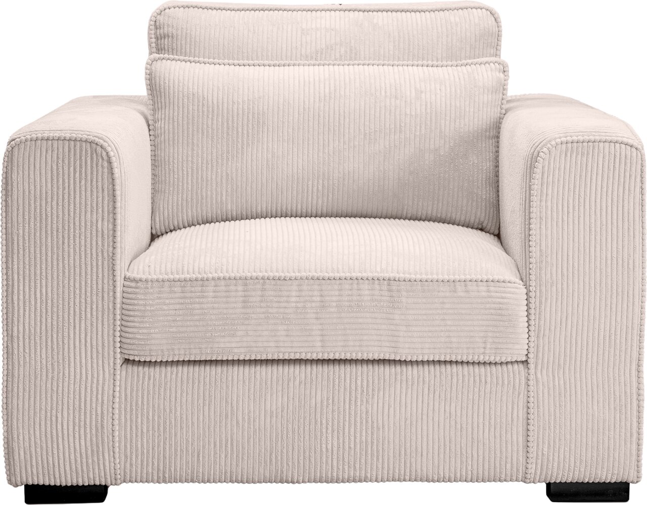 Beiger, gepolsterter Sessel mit breiten Armlehnen und Cordbezug, frontale Ansicht.