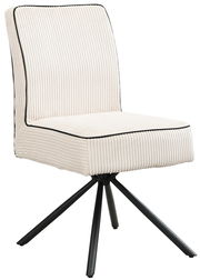 Moderner Stuhl mit cremefarbenem, geripptem Stoffbezug und schwarzem Metallgestell, seitliche Perspektive