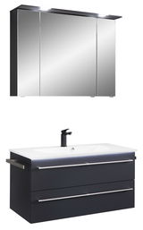 Moderne Badkombination mit Spiegelschrank und Waschbeckenunterschrank, frontal betrachtet