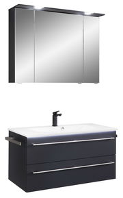 Moderne Badkombination mit Spiegelschrank und Waschbeckenunterschrank, frontal betrachtet