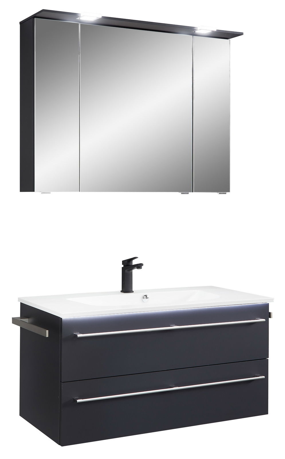 Moderne Badkombination mit Spiegelschrank und Waschbeckenunterschrank, frontal betrachtet
