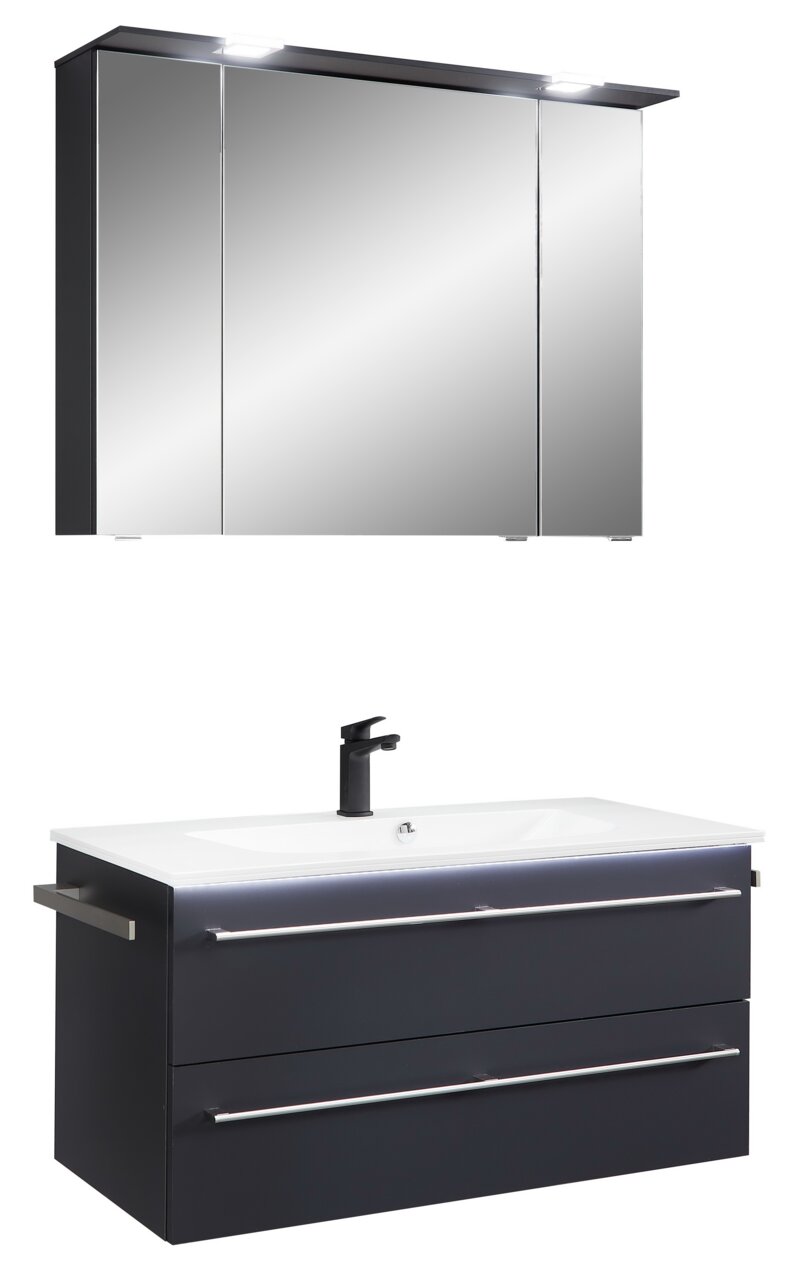 Moderne Badkombination mit Spiegelschrank und Waschbeckenunterschrank, frontal betrachtet