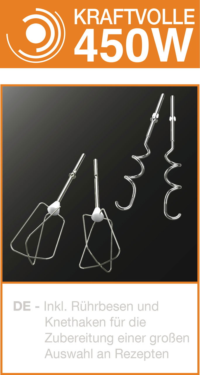 Rührbesen und Knethaken für Handmixer 3Mix 4000, kraftvolle 450W, seitliche Ansicht