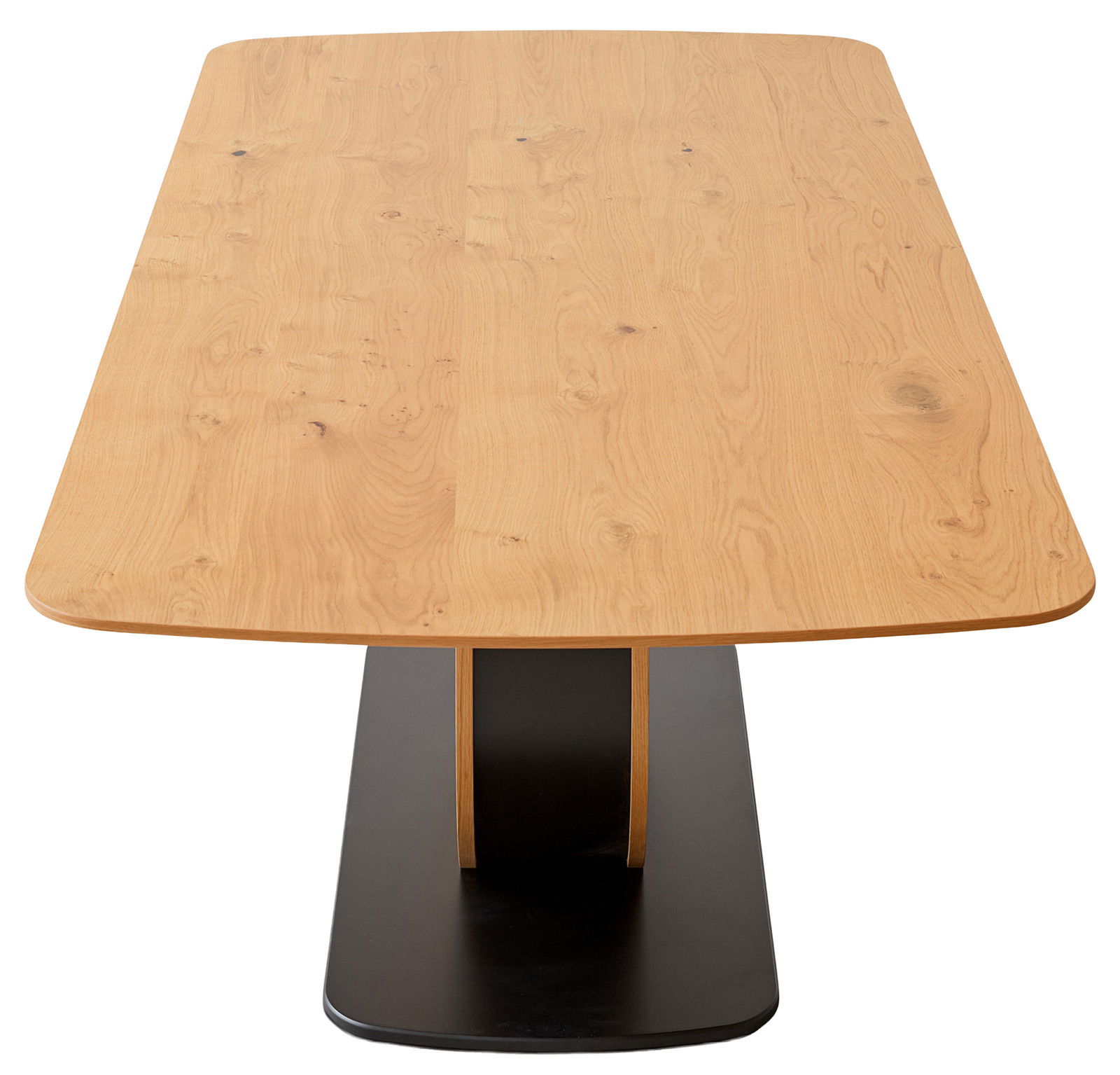 Moderner Esstisch aus Holz mit schwarzem Sockel, Ansicht von vorne