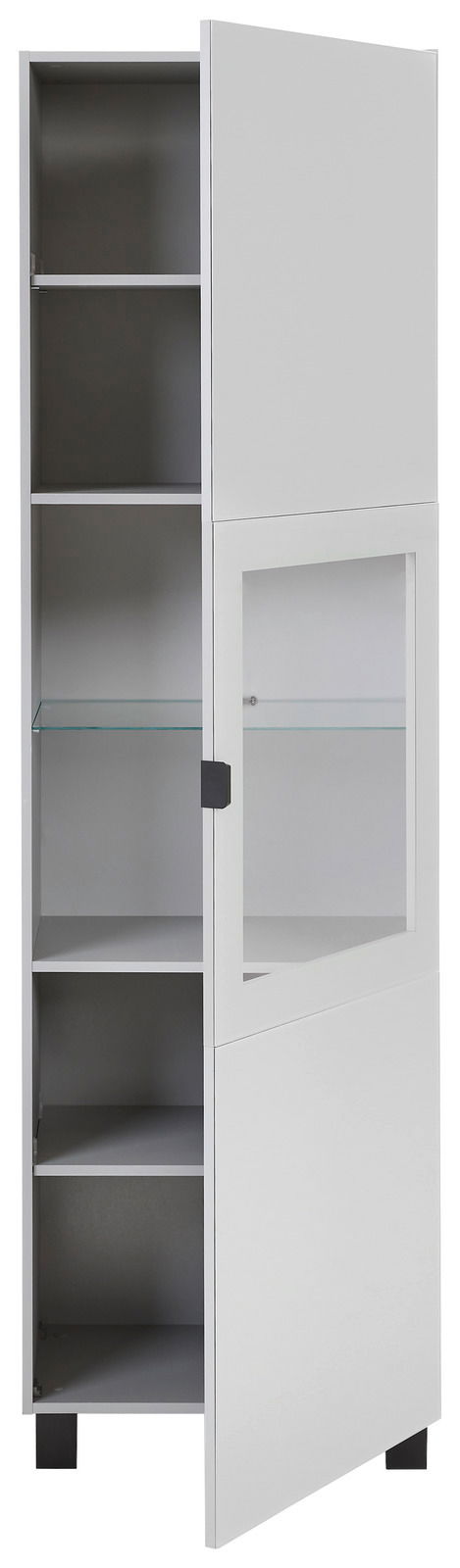 Weiße Vitrine mit teilweise geöffneter Tür, Glasregal und mehreren Fächern, seitliche Perspektive