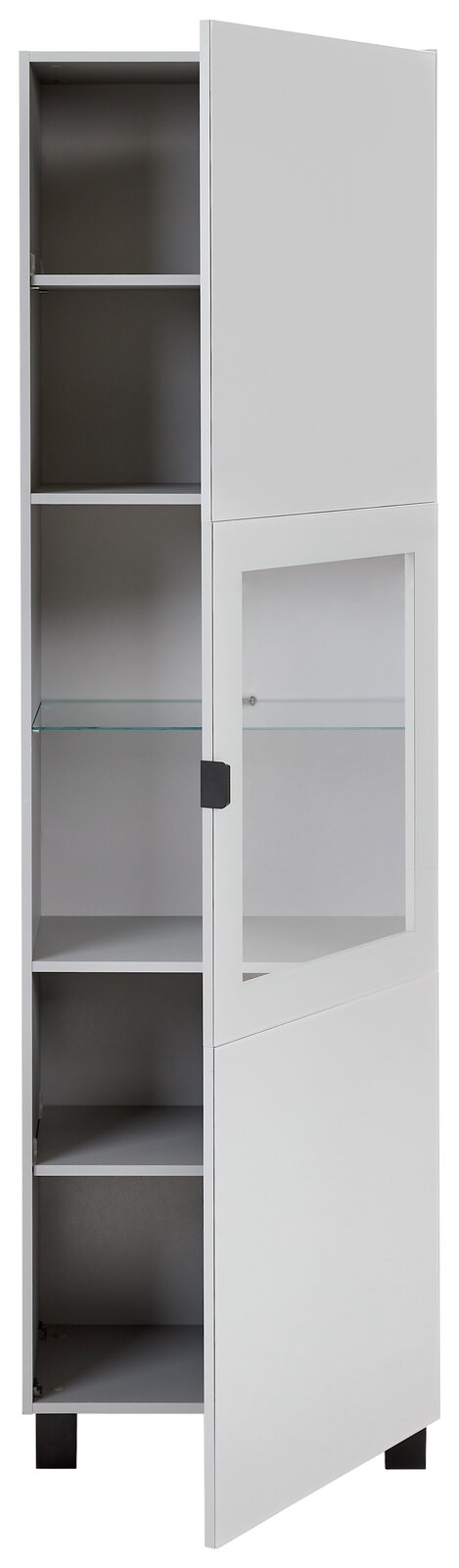 Weiße Vitrine mit teilweise geöffneter Tür, Glasregal und mehreren Fächern, seitliche Perspektive