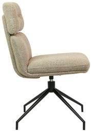 Moderner Stuhl mit gepolsterter Sitzfläche und Rückenlehne, seitliche Ansicht, auf schwarzem Metallgestell.