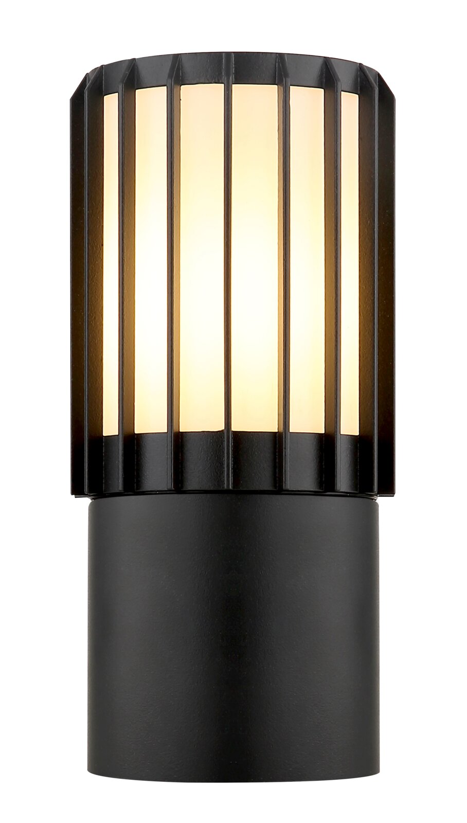 Zwarte, cilindervormige buitenwandlamp met verticale steunen en een warmwitte lichtverspreider, vooraanzicht