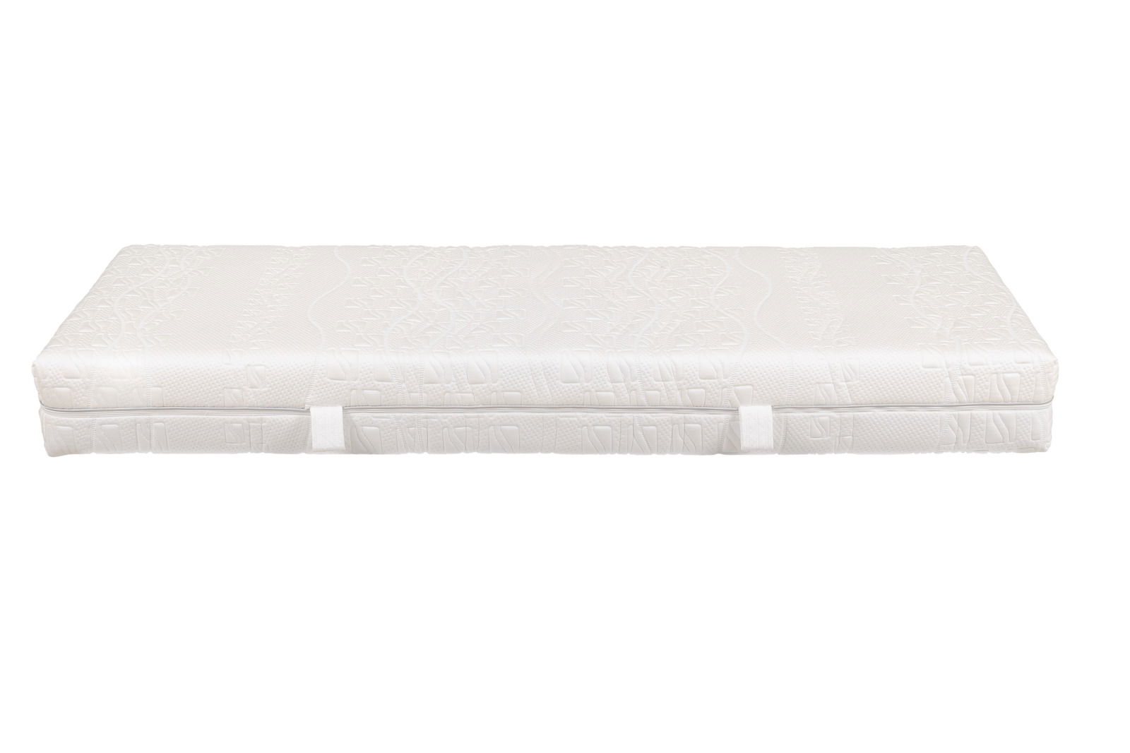 Komfortschaummatratze H3 in Seitenansicht mit strukturiertem Bezug und Tragegriffen