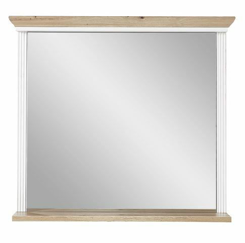 Rechteckiger Wandspiegel mit Holzrahmen und weißen Säulen, frontal betrachtet.