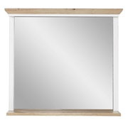 Rechteckiger Wandspiegel mit Holzrahmen und weißen Säulen, frontal betrachtet.