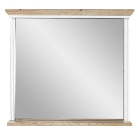 Rechteckiger Wandspiegel mit Holzrahmen und weißen Säulen, frontal betrachtet.