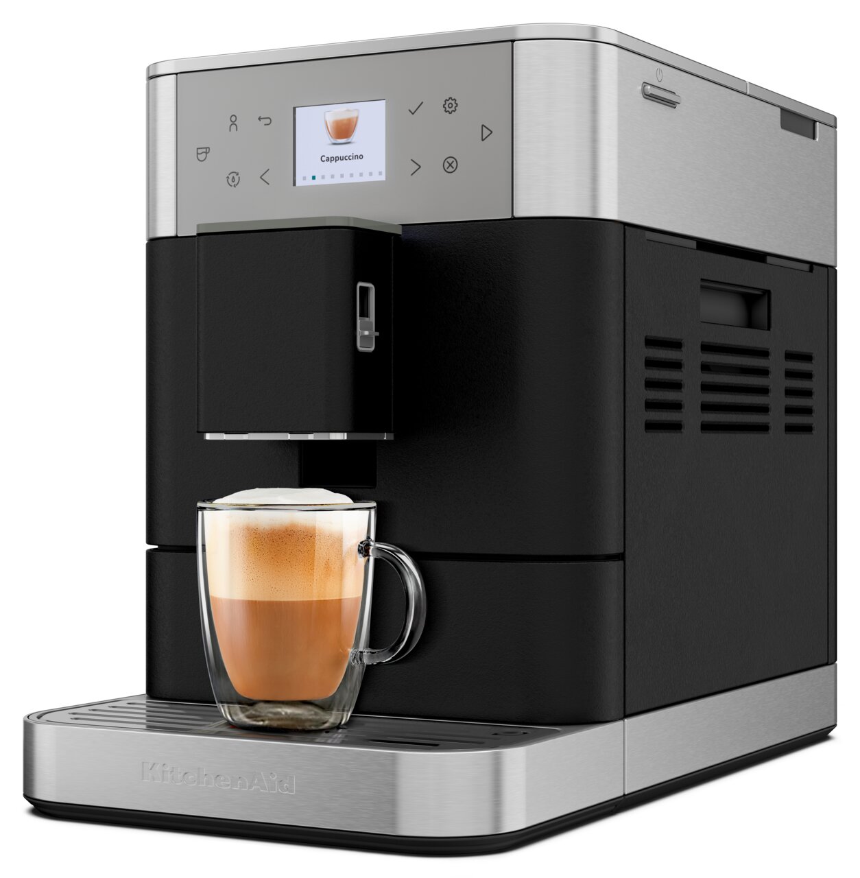 Kaffeevollautomat in seitlicher Perspektive mit einer Tasse Cappuccino auf der Abtropfschale.