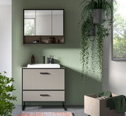 Moderne Badkombination mit Spiegelschrank und Waschbeckenunterschrank in Frontansicht, umgeben von Pflanzen und natürlichem Licht.