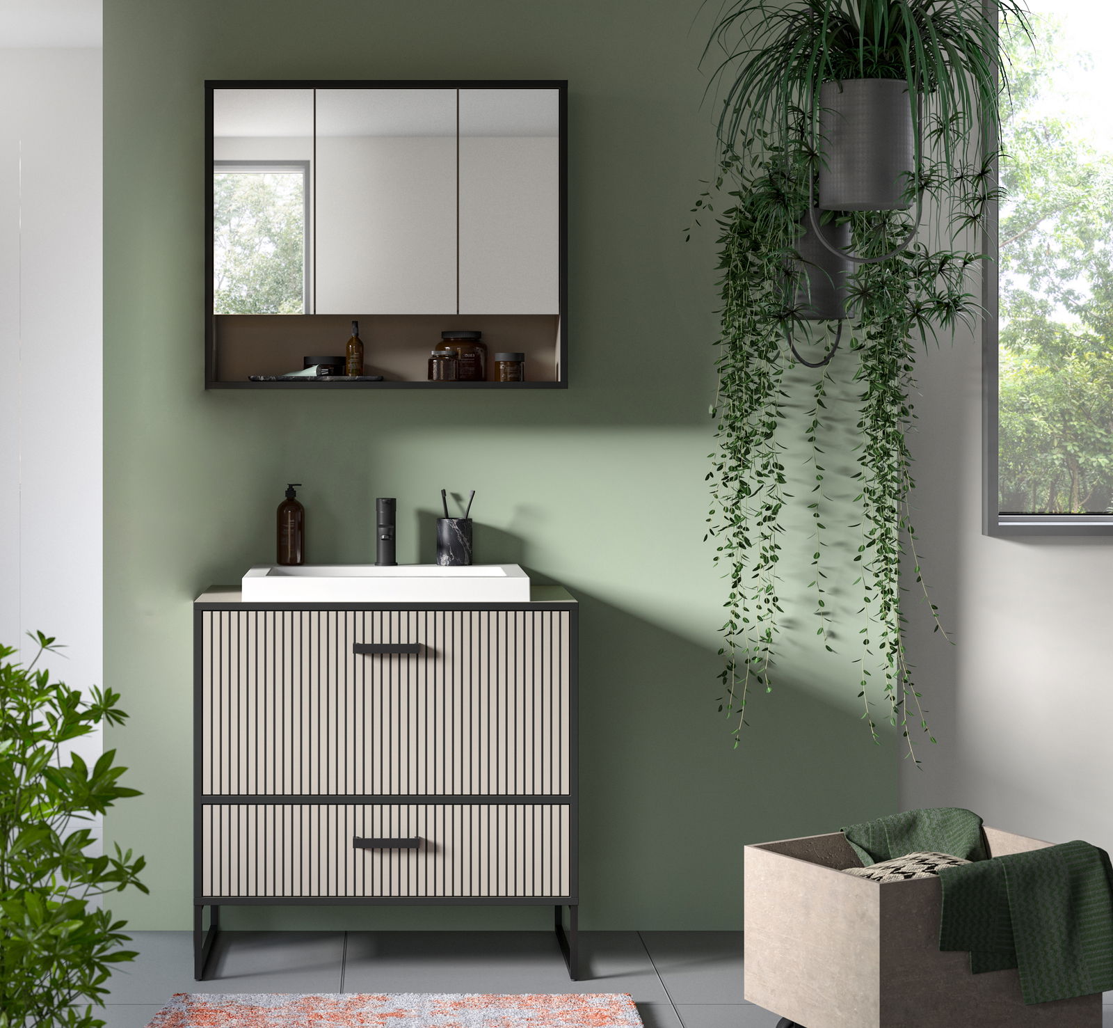 MID.YOU Badkombination BAGNO Moderne Badkombination mit Spiegelschrank und Waschbeckenunterschrank in Frontansicht, umgeben von Pflanzen und natürlichem Licht.