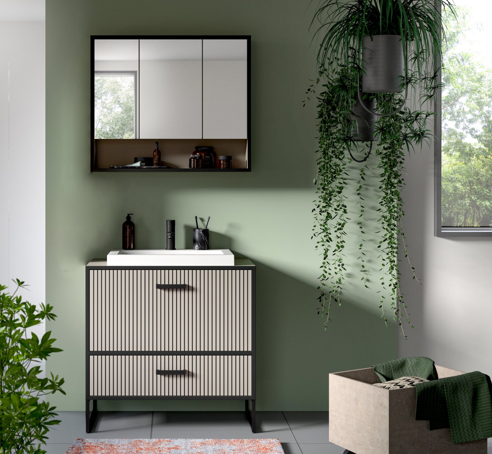 MID.YOU Badkombination BAGNO Moderne Badkombination mit Spiegelschrank und Waschbeckenunterschrank in Frontansicht, umgeben von Pflanzen und natürlichem Licht.