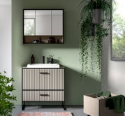 Moderne Badkombination mit Spiegelschrank und Waschbeckenunterschrank in Frontansicht, umgeben von Pflanzen und natürlichem Licht.