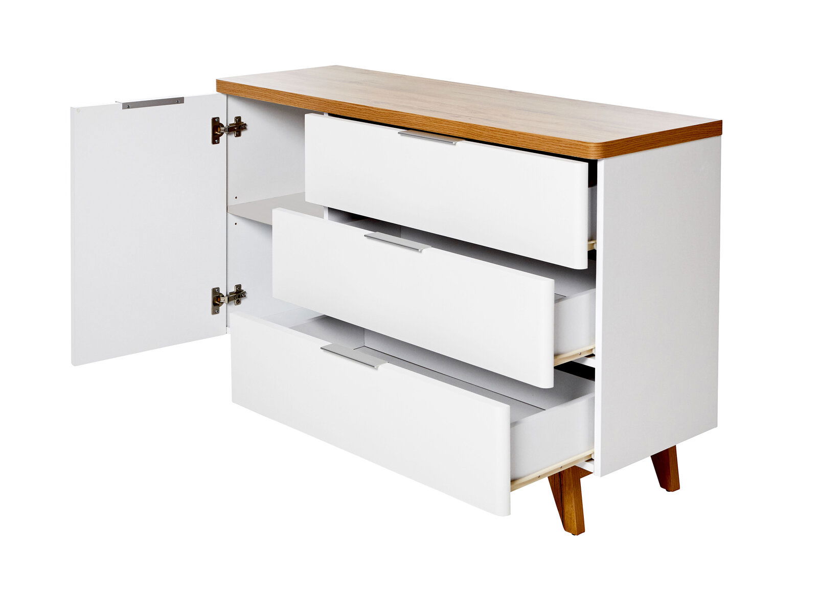 Jahnke Kommode LIBRE Weiße Kommode mit drei offenen Schubladen und einer offenen Tür, Holzoberfläche, seitliche Perspektive
